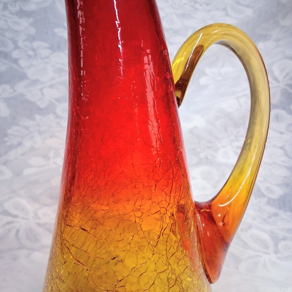 Vintage Amberina Crackle Glass Pitcher MCM Hand-Blown Art Glass 12" - Picture 4 of 16